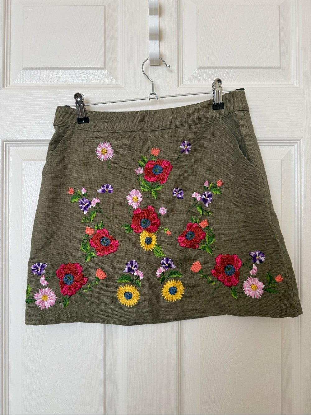 Topshop Olive Green A-Line Mini Skirt with Multicolor Floral Embroidery